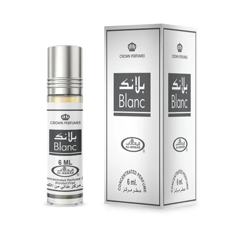 Blanc parfumolie en verpakking met zilveren dop voor Al-Rehab Parfumolie Blanc