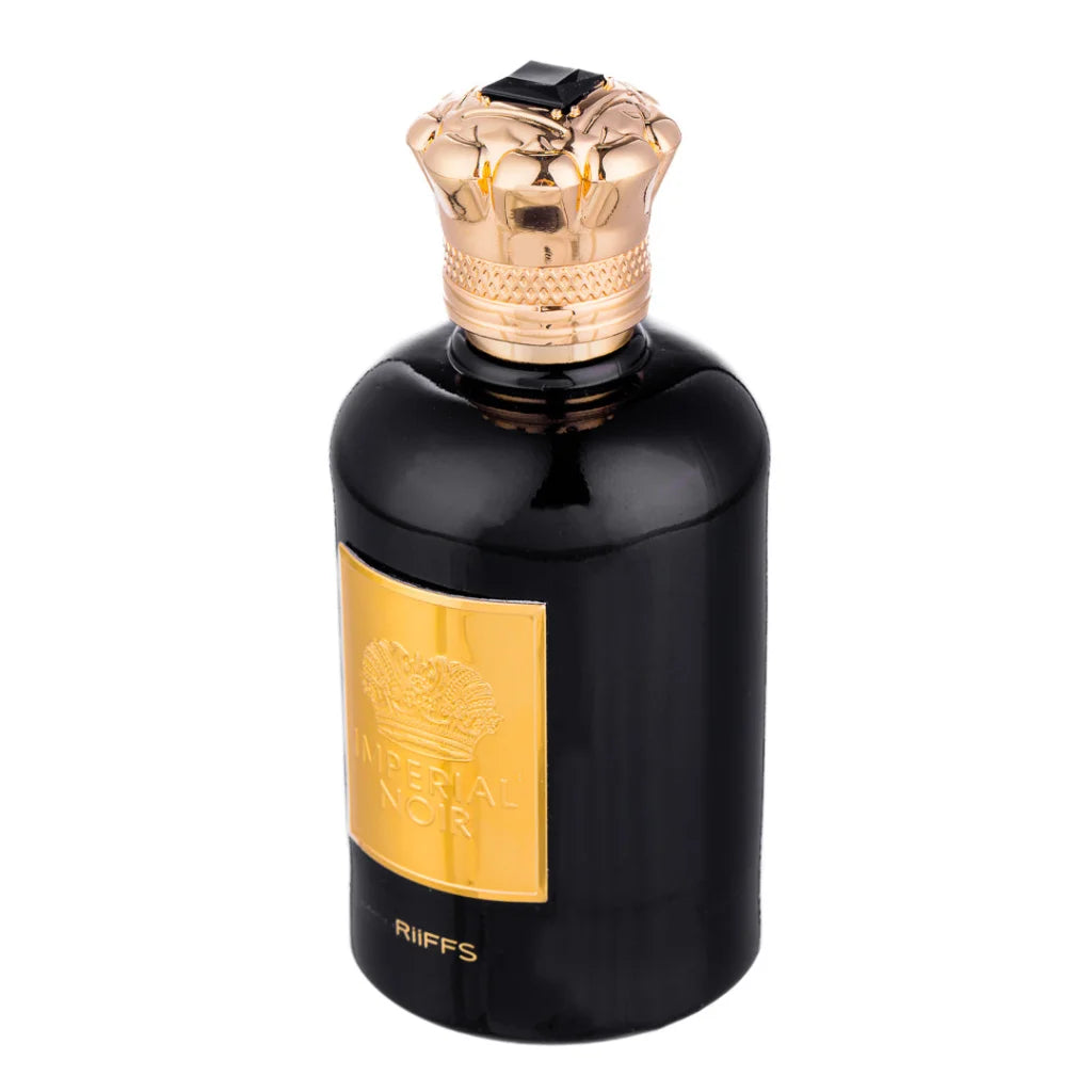 Zwarte parfumfles met gouden kroonkap van Salepify Impérial Noir Parfumflesje