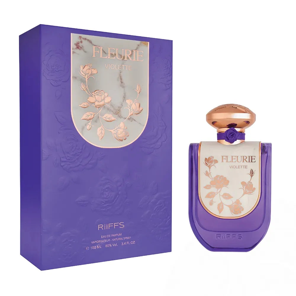 Paars Arabische Parfum artikelen met bloemenlabel en parfumolie in fles en doos