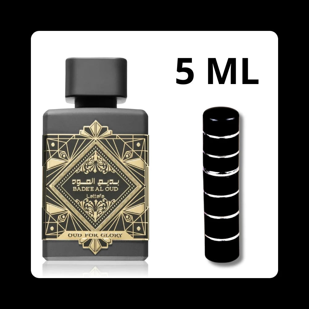 5 ML Badeāe Al Oud Oud For Glory Lattafa parfum Badee decant met gouden etiket