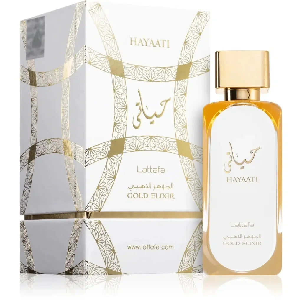 Goudkleurige parfumfles en wit en goud doos voor Lattafa Parfum Hayaati Gold Elixir