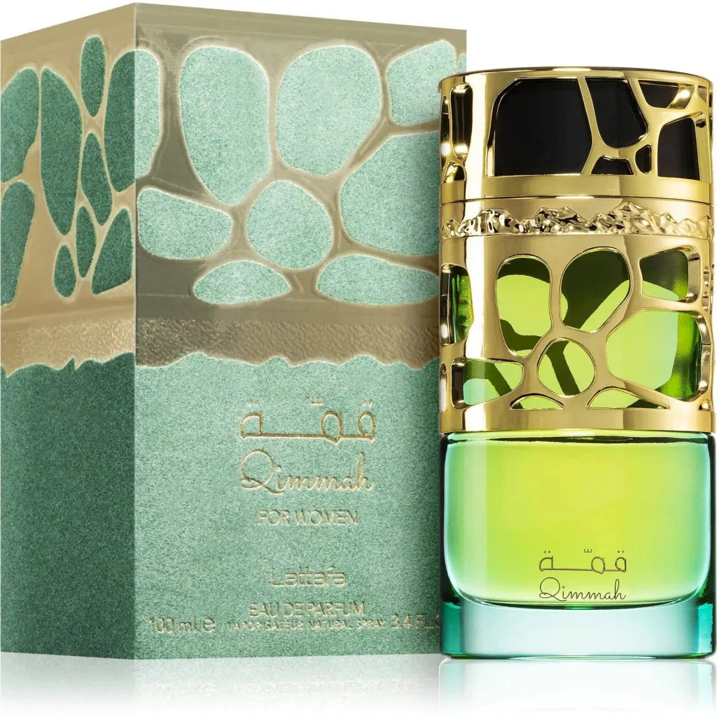 Groene en gouden Lattafa Parfums Qimmah vrouwen parfumfles en bijpassende doos