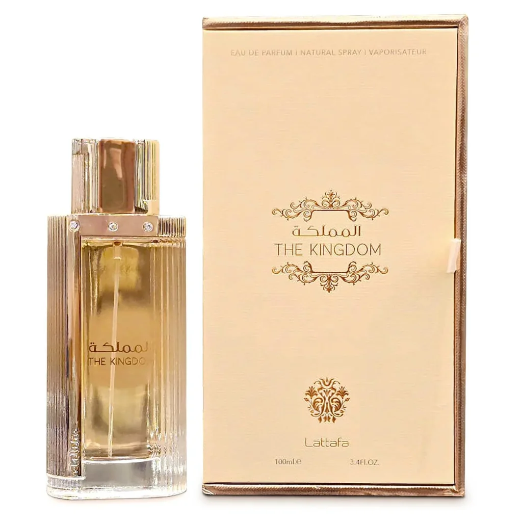 Gouden parfumflesje met geribbeld design en bijpassende doos voor The Kingdom Women