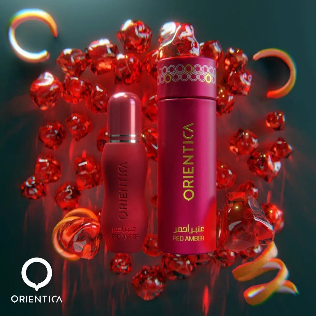 Twee rode parfumflesjes voor orientica rood amber geur in rood amber 6ml verpakking