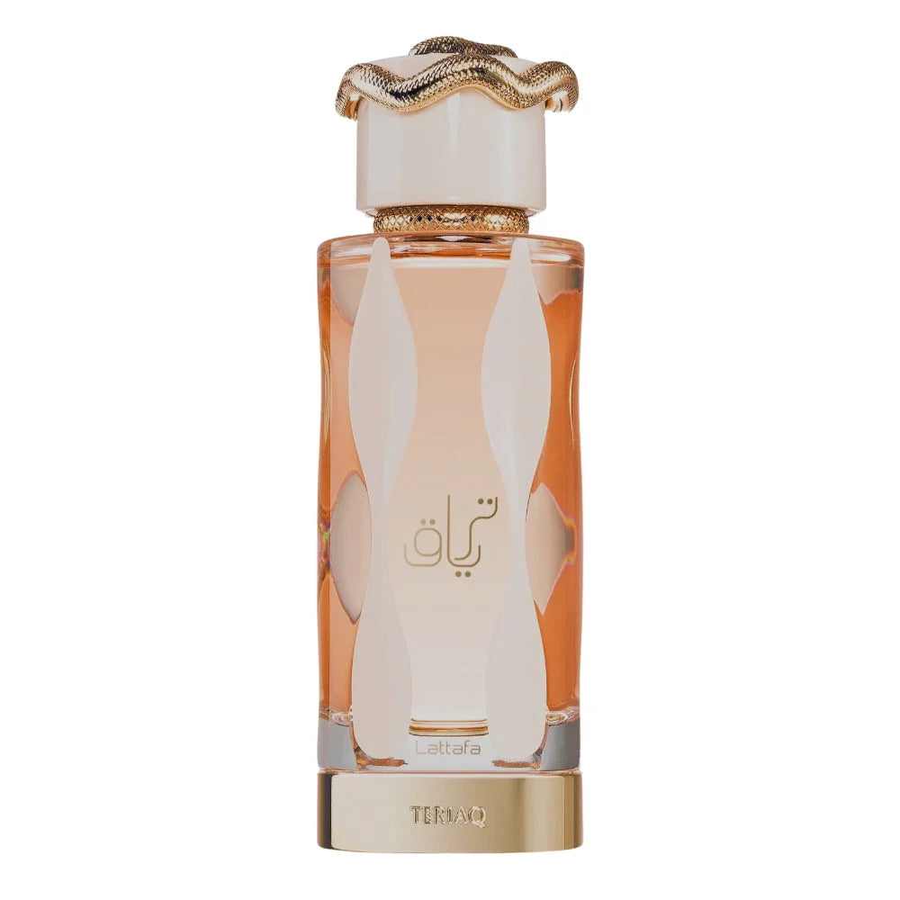 Elegante parfumfles met slangendop en oranje vloeistof voor Geurfamilie Gourmand