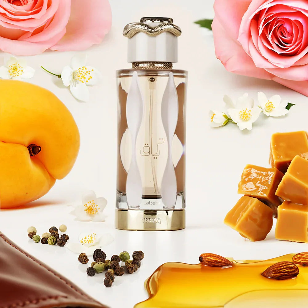 Elegante parfumfles met slangendop en oranje vloeistof voor Geurfamilie Gourmand, sold out powered
