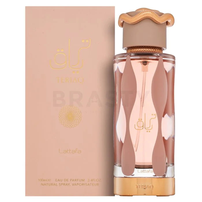 Lattafa parfumflesje met gouden dop en doos, perfect voor Geurfamilie Gourmand, sold out powered