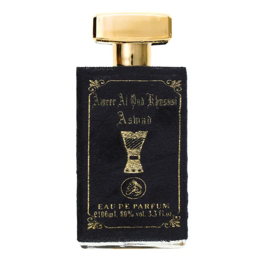 Zwarte en goud parfumfles van Al Fakhr Ameer al Oud Khusushi Aswad met oud khusushi as focus keyword
