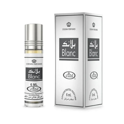 Blanc parfumolie en verpakking met zilveren dop voor Al-Rehab Parfumolie Blanc