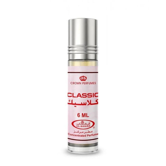 Al-Rehab Parfumolie Classic met bloemige parfumgeurfamilie in heldere glazen fles met zilveren dop