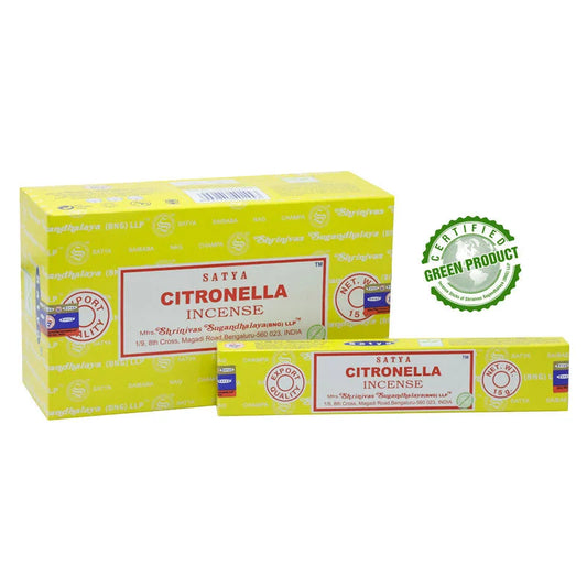 Citronella wierookstokjes in gele verpakking van Satya Incense voor insectenwering