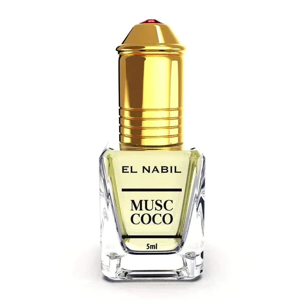 Helder glazen parfumflesje met gouden dop en rode edelsteendetail voor parfumolie musc coco