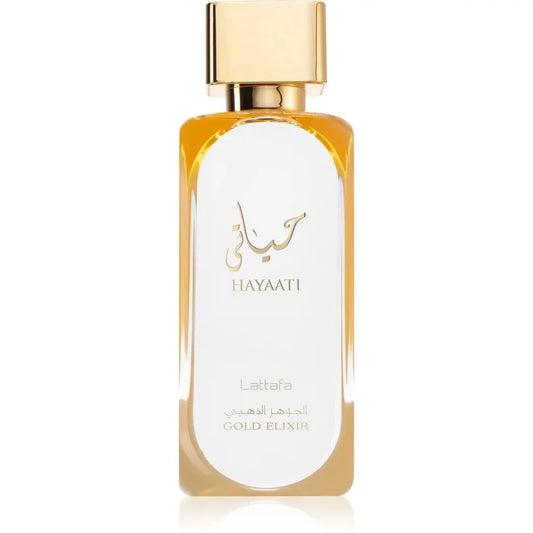 Goudkleurig parfumflesje met wit etiket voor Lattafa Parfum Hayaati Hayaati Gold Elixir