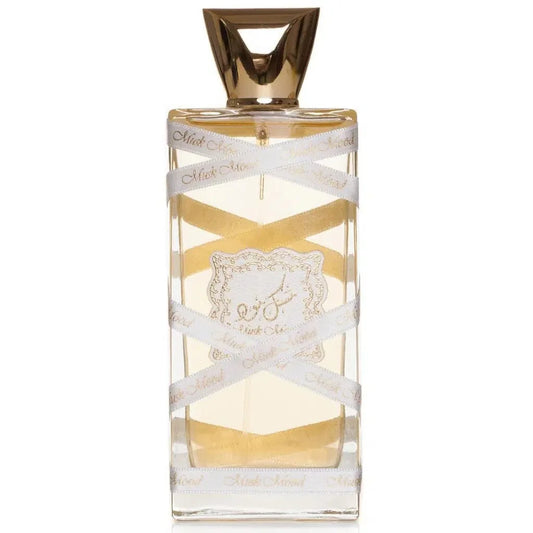 Lattafa Parfum Oud met gouden dop en wit lint voor Oud Mood Musk