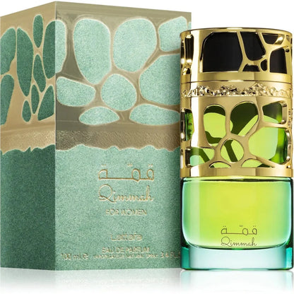Groene en gouden Lattafa Parfums Qimmah vrouwen parfumfles en bijpassende doos