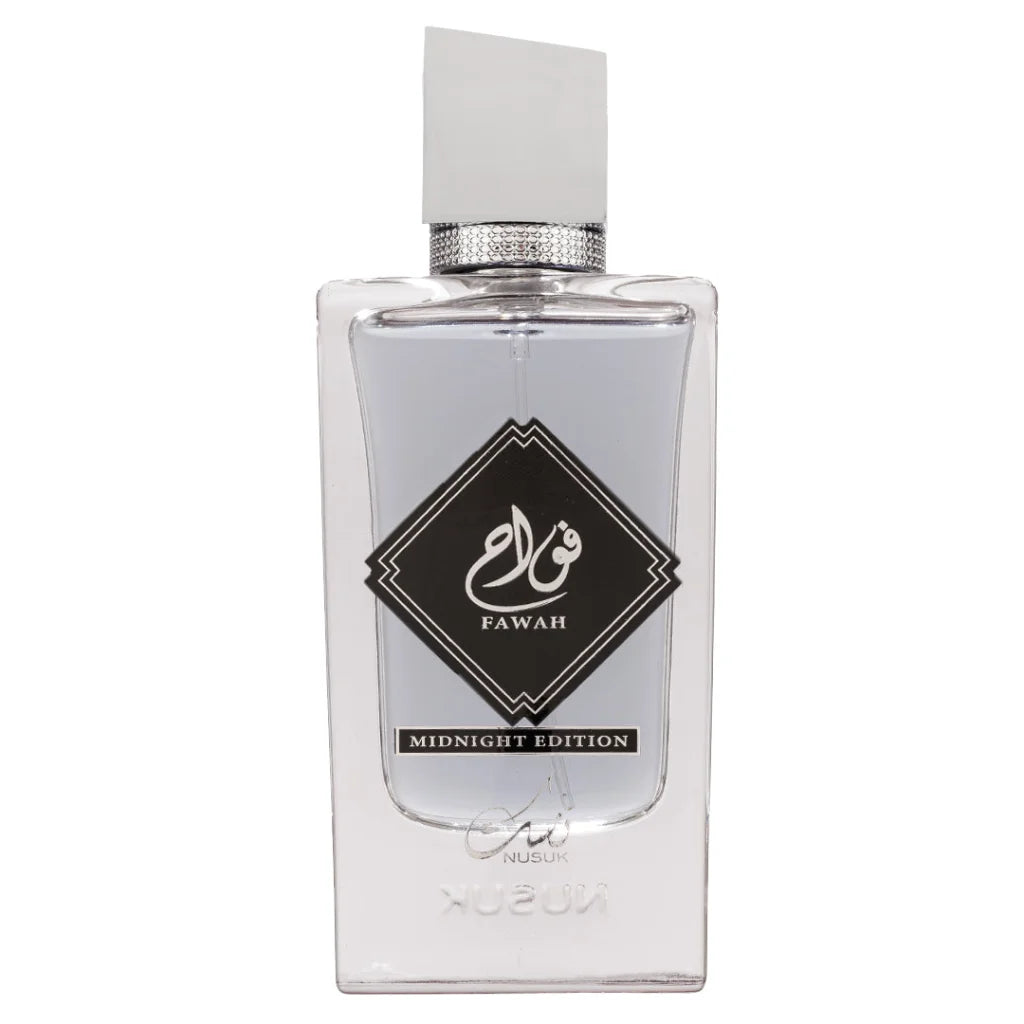 Helder glazen parfumflesje met witte dop voor Nusuk Fawah Midnight en Fawah Midnight