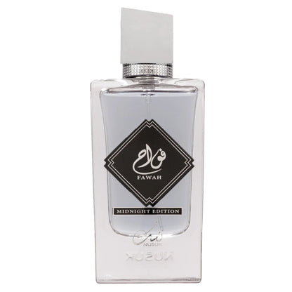 Helder glazen parfumflesje met witte dop voor Nusuk Fawah Midnight en Fawah Midnight