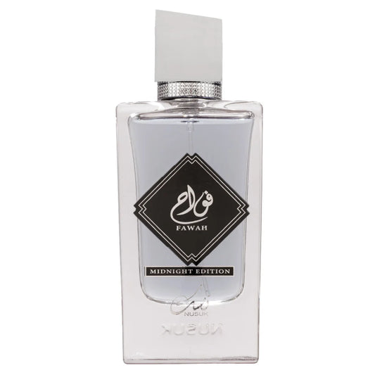 Helder glazen parfumflesje met witte dop voor Nusuk Fawah Midnight en Fawah Midnight
