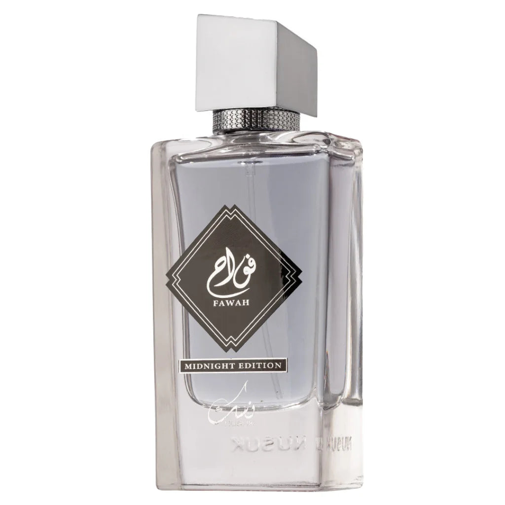 Helder glazen parfumflesje met witte dop voor Nusuk Fawah Midnight, luxe design