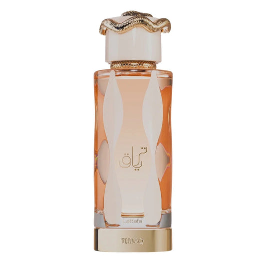 Elegante parfumfles met slangendop en oranje vloeistof voor Geurfamilie Gourmand